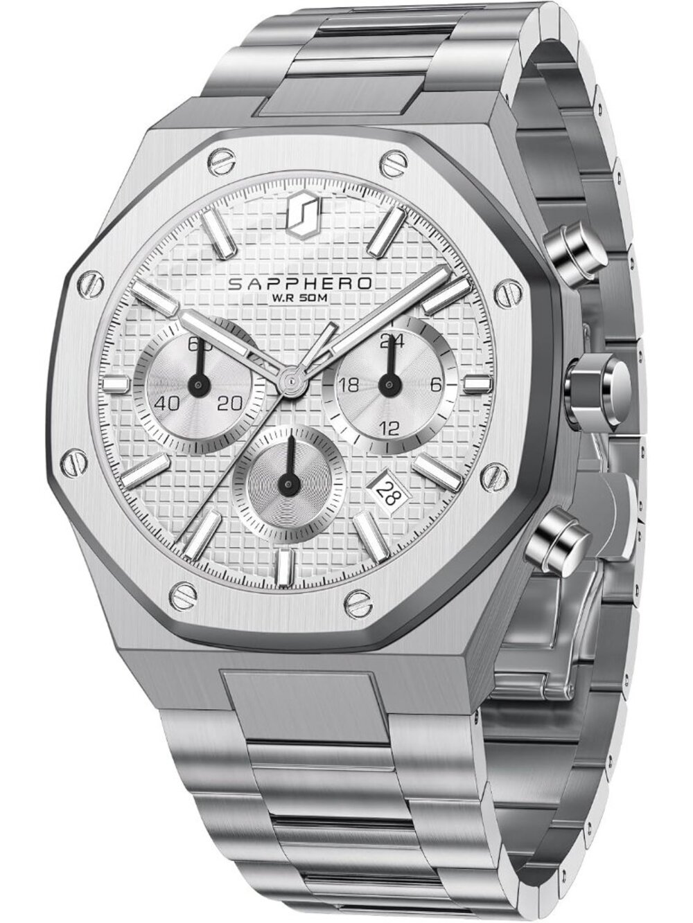 Men's Silver White Chronograph Quartz Movement Stainless Steel Luxury Date Watch